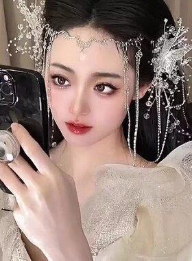 新娘头饰仙气眉心坠蝴蝶结流苏珍珠发夹女仙美森系水晶流苏发饰品