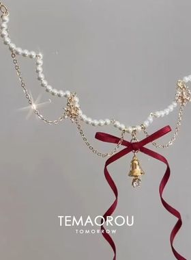 圣诞狂欢~多层红色蝴蝶结金摇铃吊坠珍珠项链秋冬新款毛衣链颈链