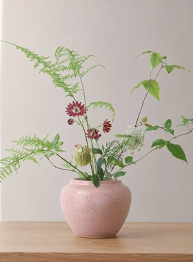 创意矮胖陶瓷花瓶藕粉色现代简约插花花器家居玄关柜吧台装饰摆件