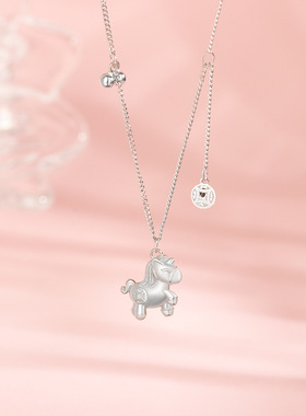 s925纯银彩虹独角兽项链马上有钱新中式暖言民族风套链马年生肖