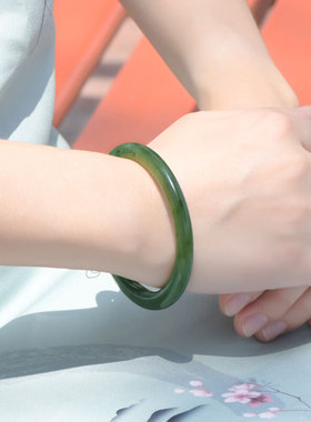 正品新疆和田玉碧玉手镯玉手镯俄罗斯碧玉镯子和田玉手镯女款证书
