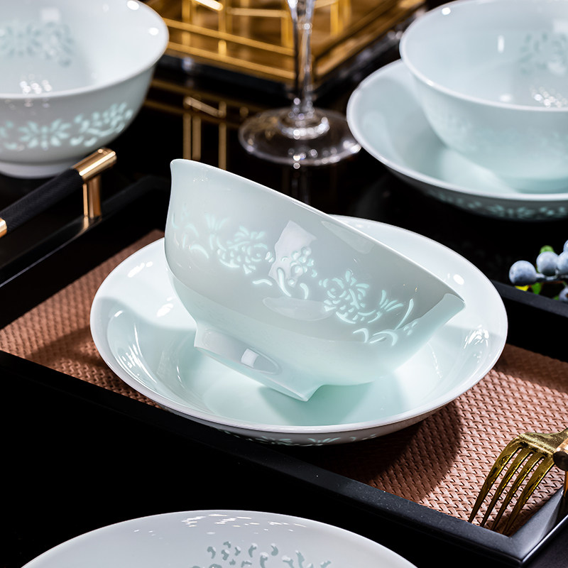 景德镇高温瓷器釉下彩玲珑餐具家用大号碗盘组合面碗饭碗盘微波炉,淘宝优惠券,粉丝福利购,淘宝优惠卷