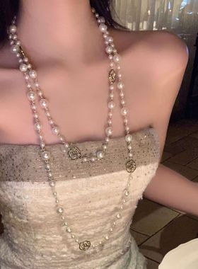 小香长款山茶花仿珍珠项链轻奢精致高级感叠戴中式旗袍配饰锁骨