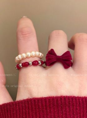 安可拉红色丝绒珍珠戒指女法式气质甜美食指戒小众轻奢高级感指环