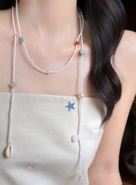 夏日度假风串珠贝壳项链女款2025新款高级感锁骨链彩色多巴胺颈链