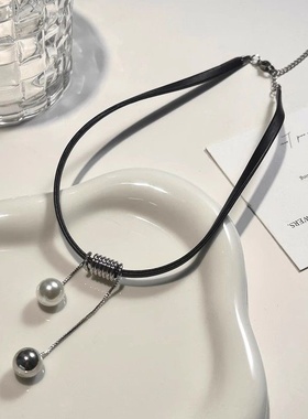 珍珠流苏皮质颈链女ins小众辣妹冷淡风脖子项链夏天简约个性choke