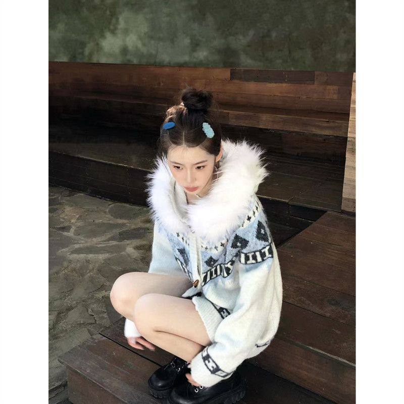 费尔岛可拆卸毛领连帽毛衣女秋冬高级感宽松大码内搭针织开衫,淘宝优惠券,粉丝福利购,淘宝优惠卷