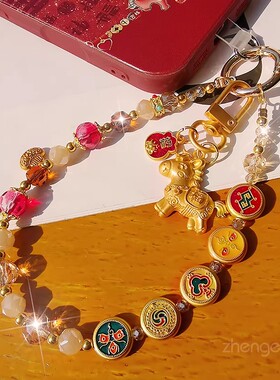 五路财神元宝吊坠手机链ins女招财手链短款小众高档挂件手作挂绳