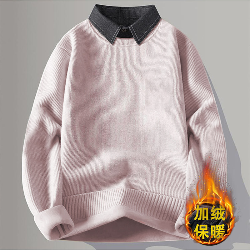 2025秋冬季男士加绒加厚保暖上装毛衣假两件男装衬衣领针织衫薄款,淘宝优惠券,粉丝福利购,淘宝优惠卷