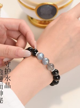 oein天然黑曜石月光石手串男天然高端拉长石手链女灰月光生日礼物