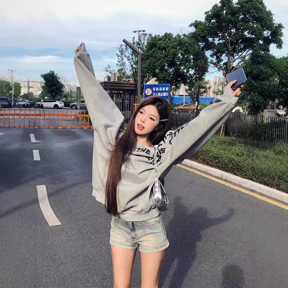 早秋美式辣妹字母长袖卫衣女套头T恤大码春季宽松休闲斜肩上衣潮,淘宝优惠券,粉丝福利购,淘宝优惠卷