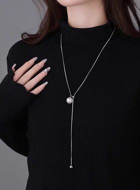 可抽拉可调节人造珍珠长款项链新款锁骨链简约气质秋冬时尚毛衣链