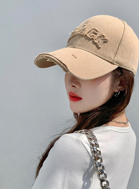 硬顶棒球帽女破洞做旧加大加深大头围显脸小加宽大帽檐鸭舌帽子男