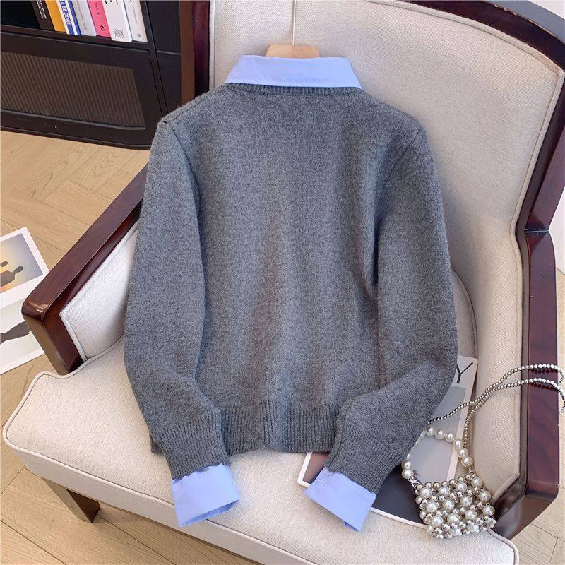 假两件衬衫领毛衣女秋冬季大码内搭慵懒风撞色翻领灰色套头针织衫,淘宝优惠券,粉丝福利购,淘宝优惠卷