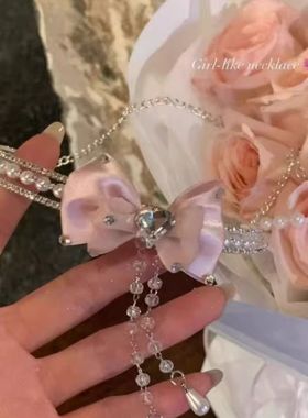 超仙圣诞绝美闪锆爱心蝴蝶结流苏珍珠项链女高级感锁骨颈链choker