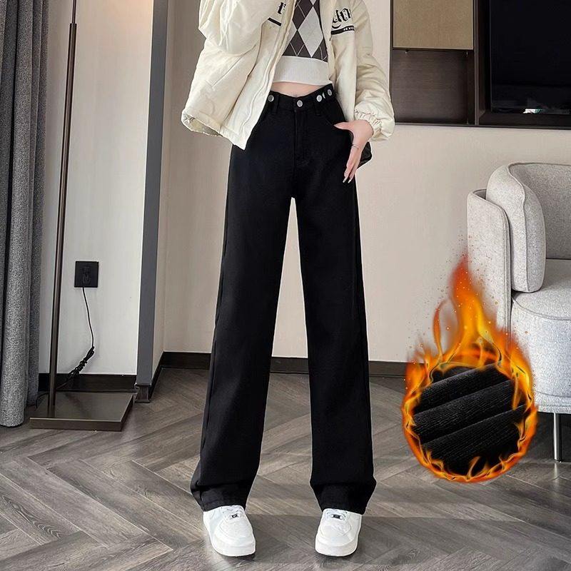 大码加绒牛仔裤女宽松高腰直筒冬季新款加厚保暖显瘦外穿阔腿裤子,淘宝优惠券,粉丝福利购,淘宝优惠卷