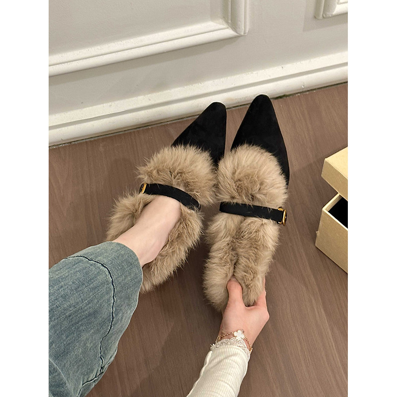 titing老钱系欧尼！复古绒面毛毛边坡跟单鞋女冬韩版搭扣加绒单鞋,淘宝优惠券,粉丝福利购,淘宝优惠卷