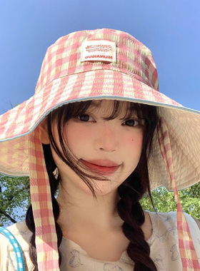 韩版格纹宽边系带渔夫帽女款夏季