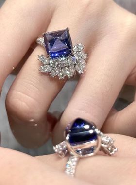 璀璨紫钻彩宝花型戒指女开口ins轻奢高级感小众设计百搭食指戒