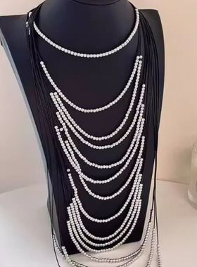 欧美风多层串珠流苏项链复古时尚高级感气质长款毛衣链性感锁骨链