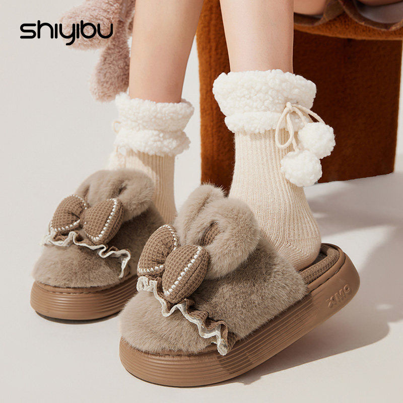毛绒兔耳蝴蝶结棉拖鞋女冬季2025新款居家防滑可外穿时尚棉拖鞋女,淘宝优惠券,粉丝福利购,淘宝优惠卷