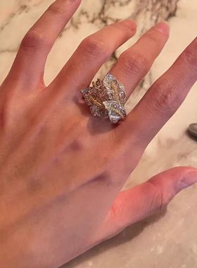 三叠叶戒指女小众设计轻奢高级感满钻手工雕刻时尚百搭高颜值指环