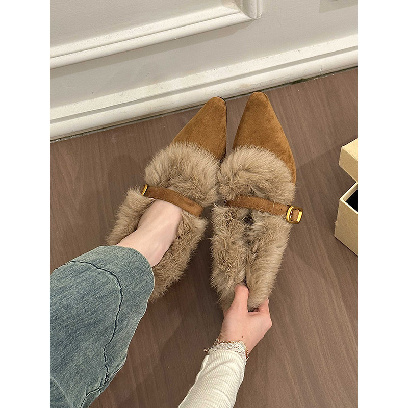 titing老钱系欧尼！复古绒面毛毛边坡跟单鞋女冬韩版搭扣加绒单鞋,淘宝优惠券,粉丝福利购,淘宝优惠卷