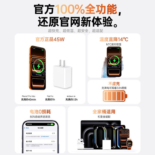 【国家3C认证】45W快充适用苹果充电器头iPhone17/15/14/13/12ProMax手机PD原装数据线16插头iPad一套装正品 - 图1