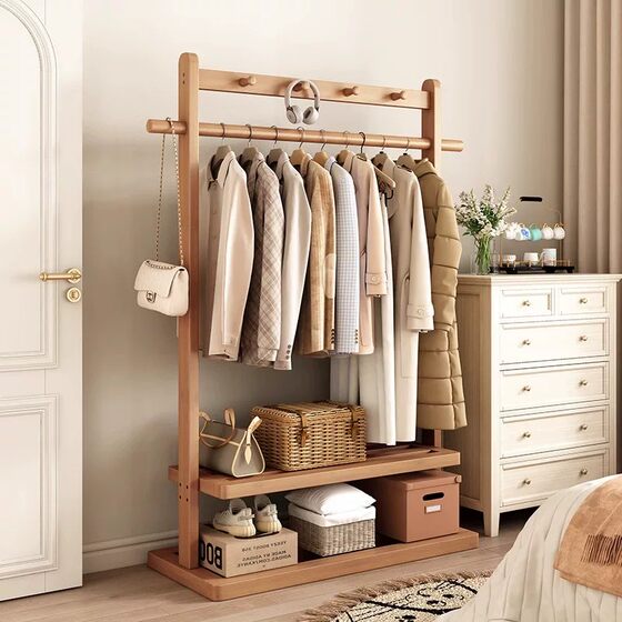 Chinese style coat rack floor-standing clothes rack household clothes drying rack simple bedroom bamboo storage clothes rack