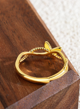 s925纯银双线交叉螺旋蝴蝶戒指女小众简约学生甜美开口拉丝指环