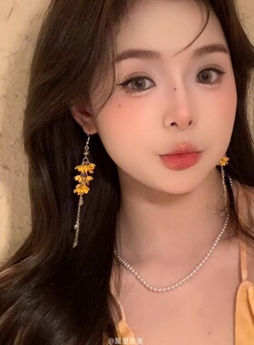 来當仙女气质黄色花朵流苏耳环女长款耳坠耳挂蚊香盘耳夹桂花