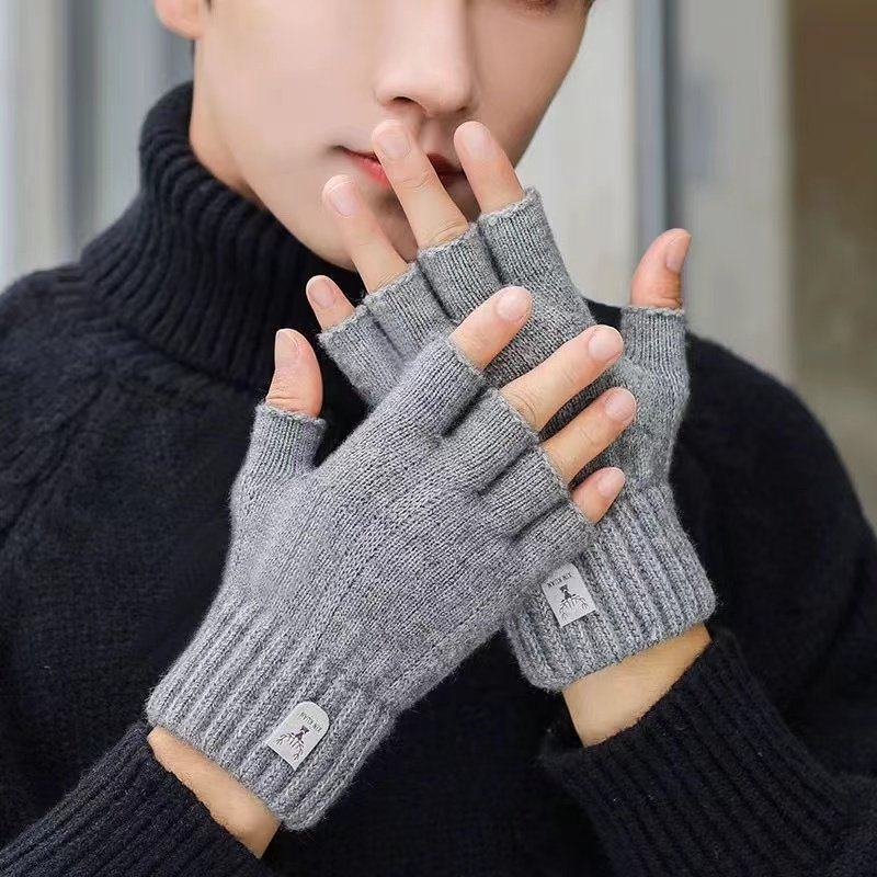 半指手套男士冬天保暖加绒加厚针织毛线露指学生写字骑行秋冬季男,淘宝优惠券,粉丝福利购,淘宝优惠卷