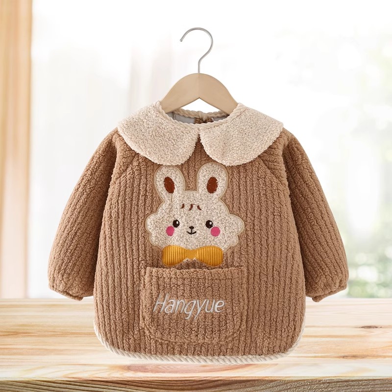 Children's smock, baby's velvet thickened eating apron, waterproof and anti-dirty, children's reverse-dressing autumn and winter style bib