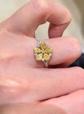 925法式轻奢复古镶嵌黄色锆石花朵戒指爆闪奢华精致中古风食指戒