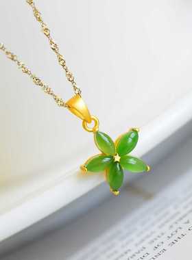 正品和田碧玉吊坠俄料老坑925银镶嵌五星项链送妈妈女友礼带证书