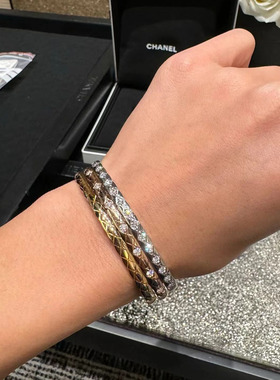 高版本小香风菱格纹手镯V金镀18K窄宽版间钻银满钻玫瑰金手环