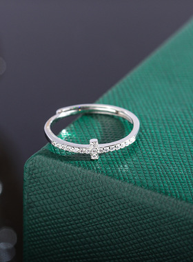 s925纯银单排细钻十字架戒指女镶钻时尚百搭学生食指戒网红气质款