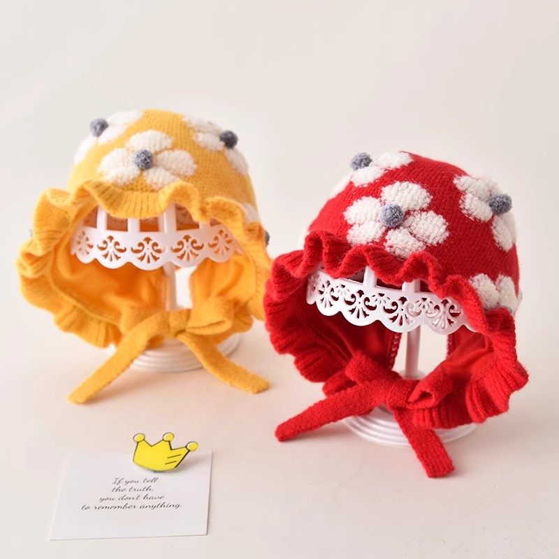 婴儿帽子秋冬款女宝宝公主风花边针织套头帽婴幼儿毛线护耳帽,淘宝优惠券,粉丝福利购,淘宝优惠卷