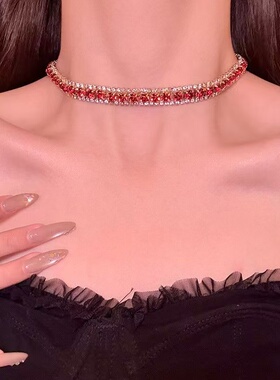 红酒晚宴 红色闪钻项链耳钉套装女轻奢高级感小众颈链晚礼服配饰