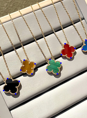 高级感v金18K金幸运四叶草项链女轻奢玛瑙贝母锁骨链送女友不掉色