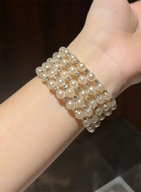 中古珍珠水钻多层设计手镯女复古设计感手环时尚轻奢手饰高级感