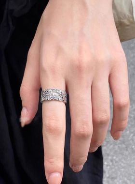 复古做旧银色莲花开口戒指女古着vintage时尚轻奢高级指环可调节