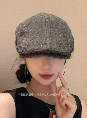 帽子miu系复古小波点贝雷帽百搭显脸小八角帽秋季灰色白色神器