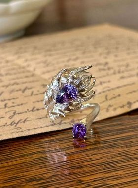 高级设计系列!轻奢风羽翼银色双开口紫色锆石戒指女高级感食指戒