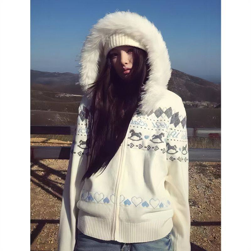 美式潮牌连帽毛衣女秋冬费尔岛白色毛领宽松大码内搭撞色针织开衫,淘宝优惠券,粉丝福利购,淘宝优惠卷