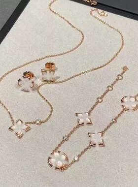 菱形四花白贝母项链五花手链天河石银耳钉环女轻奢套装玫瑰金钛钢