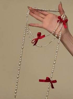 【加缪情书】红色蝴蝶结串珠项链2026新年氛围感锁骨链送女友颈链