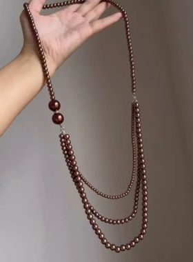 复古仿珍珠蕾丝花项链女生长款三层骨链氛围感毛衣链多层颈链花朵