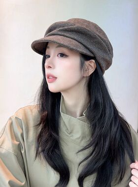 日本显脸小渔夫帽女大头围八角贝雷帽冬季灰色褶皱日系卡其色平顶