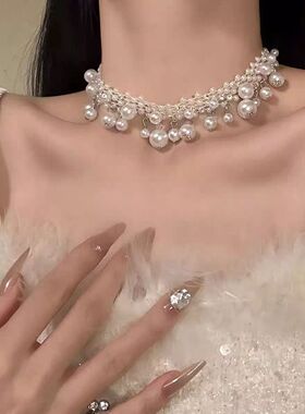 月畔浮珠法式重工项链气质锁骨链choker精致千金感流苏白色花朵